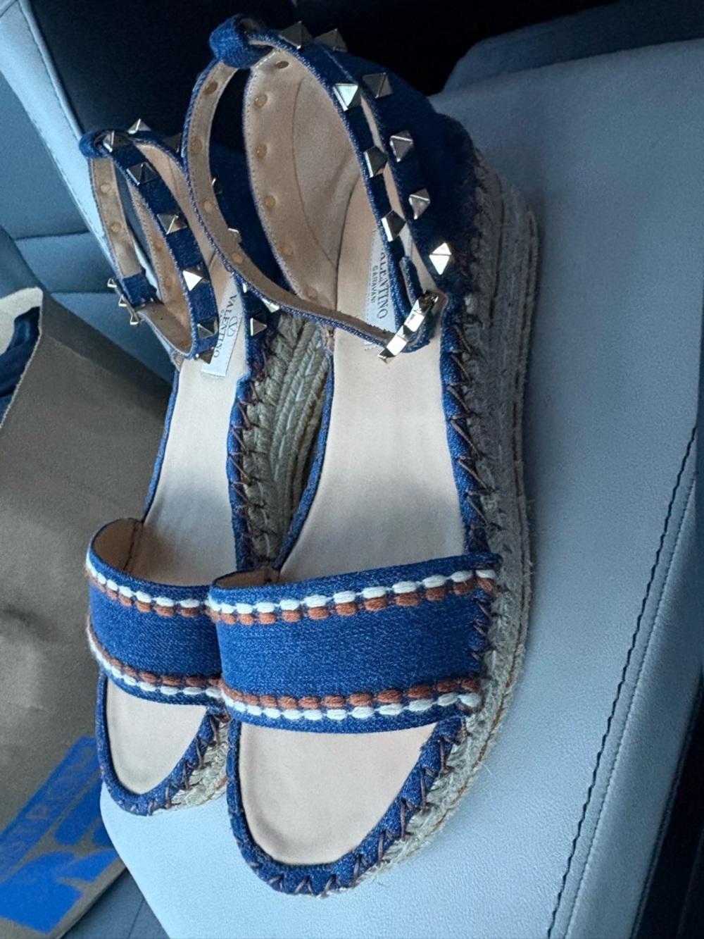 Valentino Garavani Denim Blue Studded Espadrille Wedge Sandals Size 8